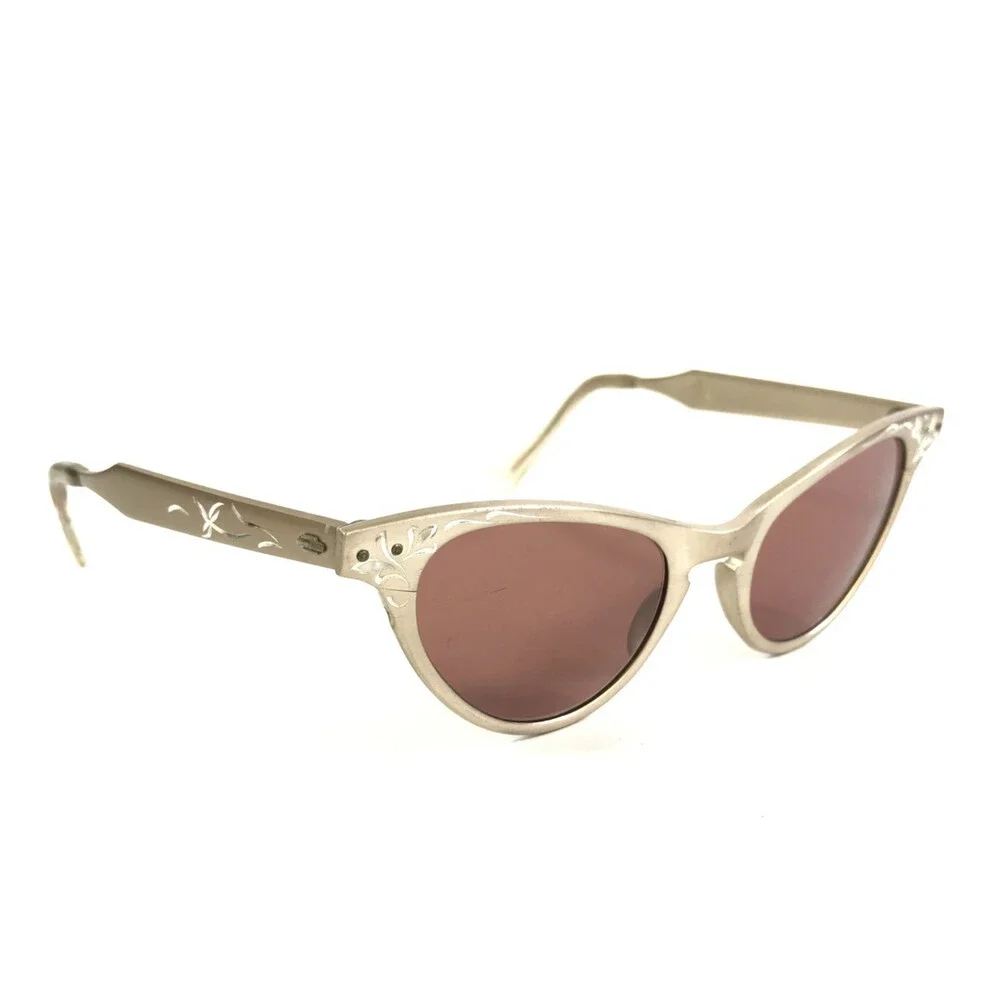 Vintage Artcraft Sunglasses 4-5 1/4 Satin Gold Aluminum Cat Eye w/ Red Lenses